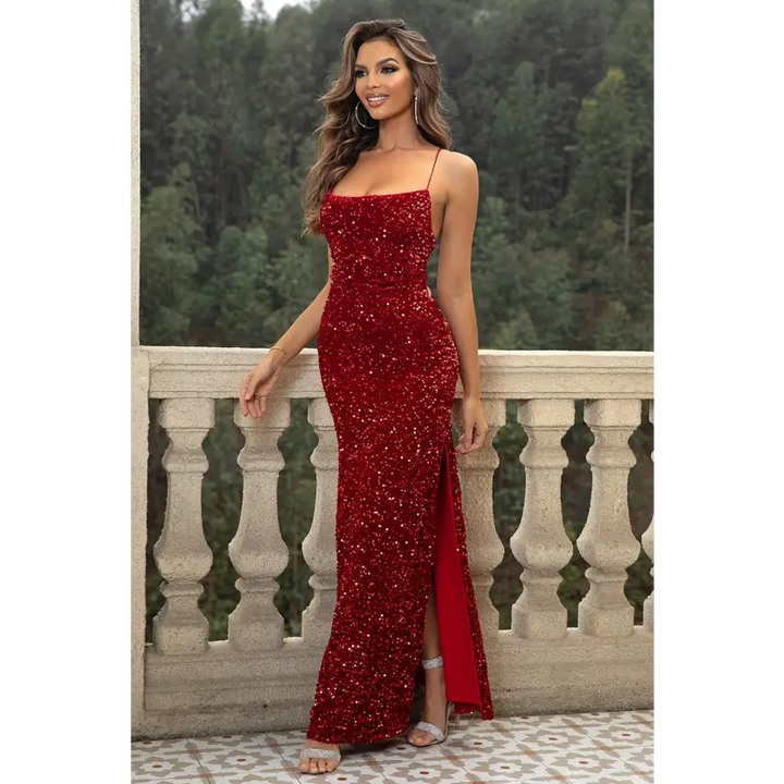 Trendsi Glamorous Sequin Backless Split Maxi Dress Belle of the Ball women’s dress