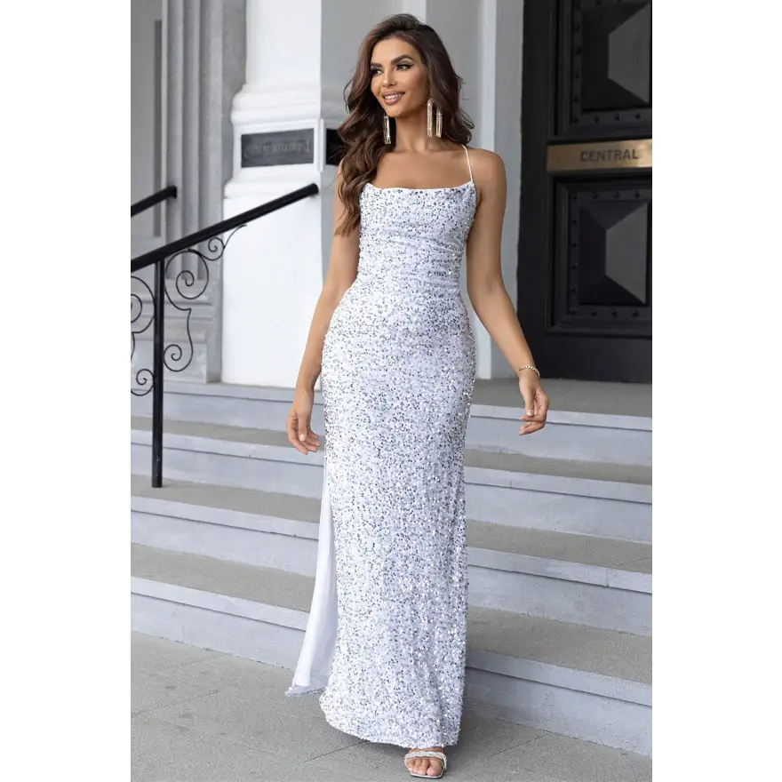 Trendsi Glamorous Sequin Backless Split Maxi Dress Belle of the Ball women’s dress
