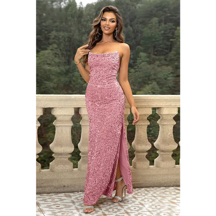 Trendsi Glamorous Sequin Backless Split Maxi Dress Belle of the Ball women’s dress