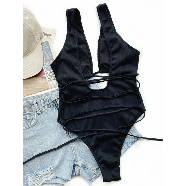 Lace Up Chest Ribbed Dress Beach Outfit Sensation - Women’s Swimwear