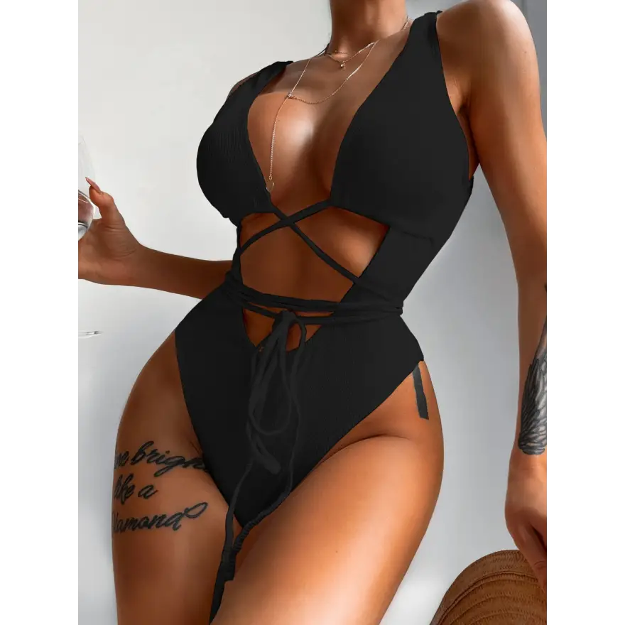 Lace Up Chest Ribbed Dress Beach Outfit Sensation - Women’s Swimwear