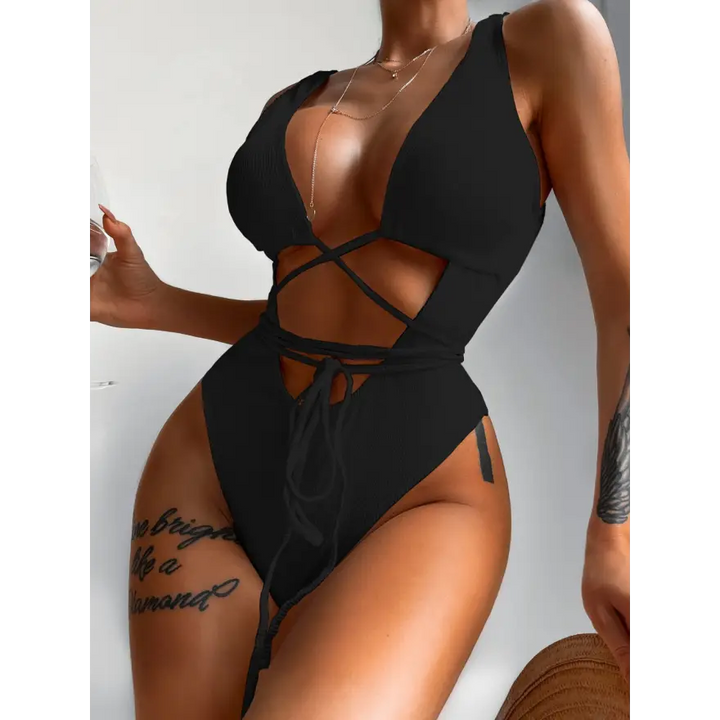 Lace Up Chest Ribbed Dress Beach Outfit Sensation - Women’s Swimwear