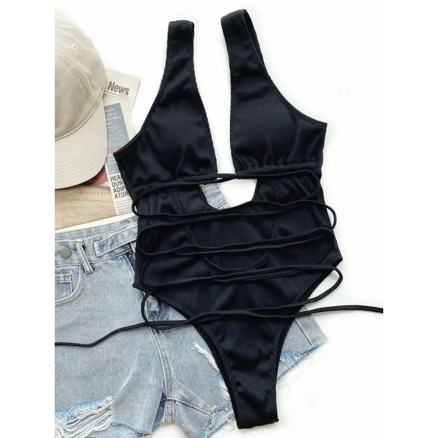 Lace Up Chest Ribbed Dress Beach Outfit Sensation - Women’s Swimwear