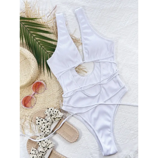 Lace Up Chest Ribbed Dress Beach Outfit Sensation - Women’s Swimwear