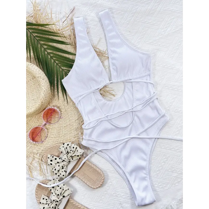 Lace Up Chest Ribbed Dress Beach Outfit Sensation - Women’s Swimwear