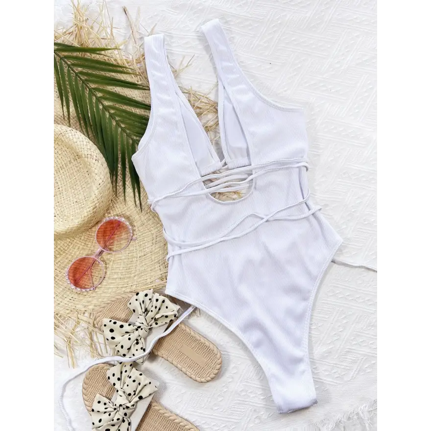 Lace Up Chest Ribbed Dress Beach Outfit Sensation - Women’s Swimwear