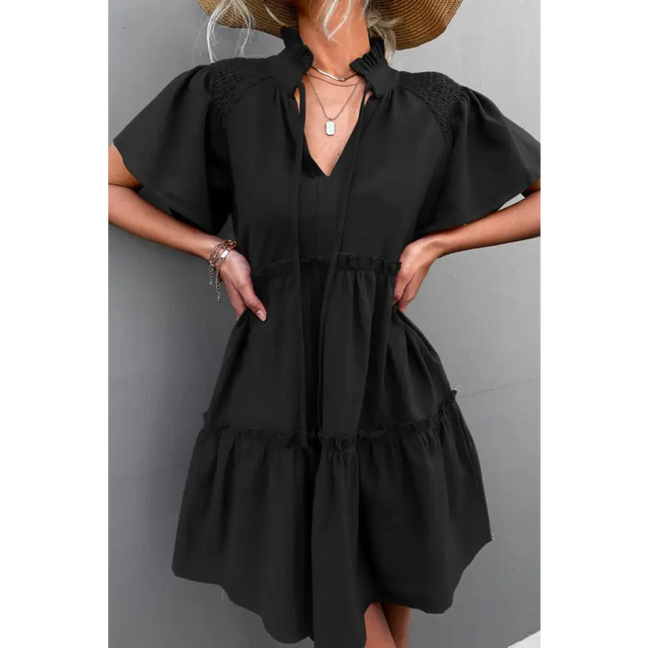 Trendsi Playful Frill Trim Smocked Tie Neck Mini Dress women’s dress