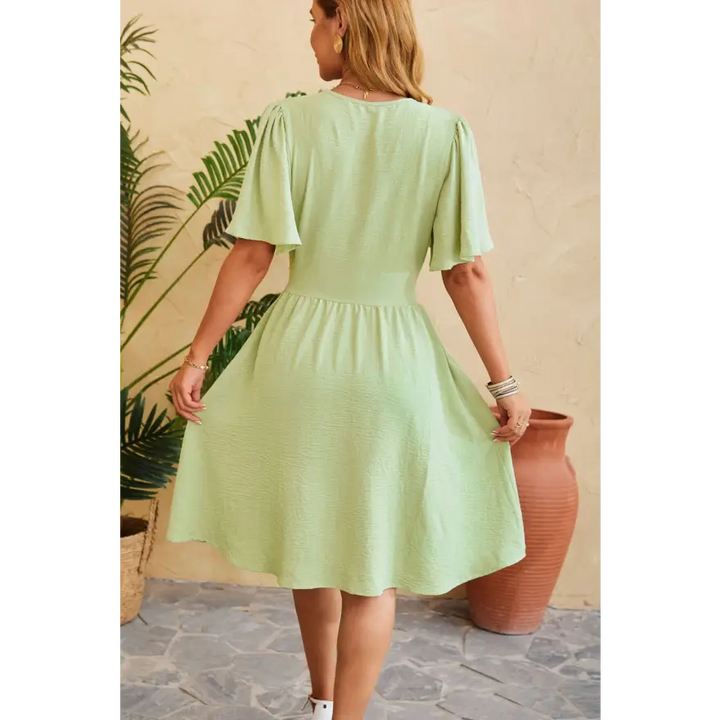 Trendsi Ruched Surplice Short Dress Slightly Stretchy Fabric Ideal Sleeve Length women’s dress