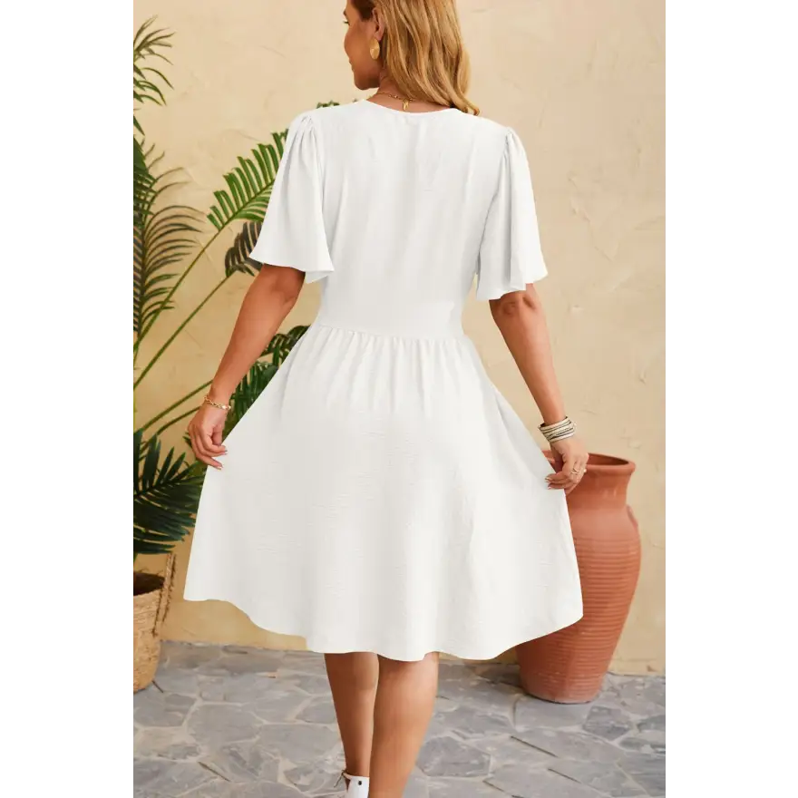 Trendsi Ruched Surplice Short Dress Slightly Stretchy Fabric Ideal Sleeve Length women’s dress