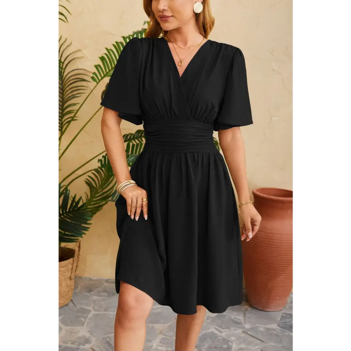 Trendsi Ruched Surplice Short Dress Slightly Stretchy Fabric Ideal Sleeve Length women’s dress