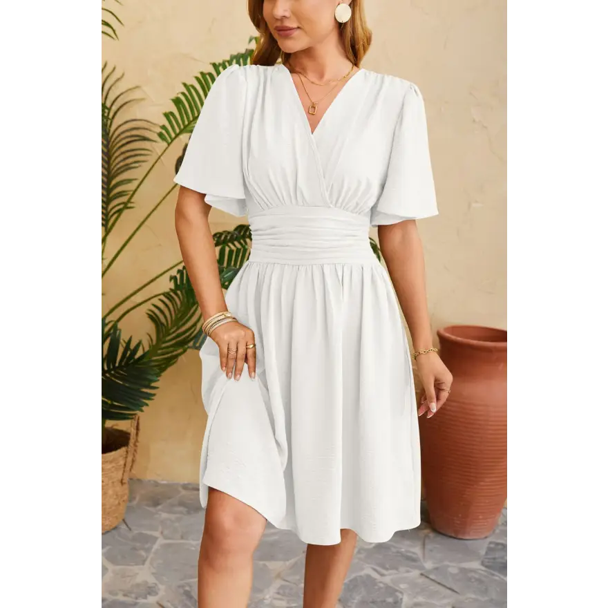 Trendsi Ruched Surplice Short Dress Slightly Stretchy Fabric Ideal Sleeve Length women’s dress