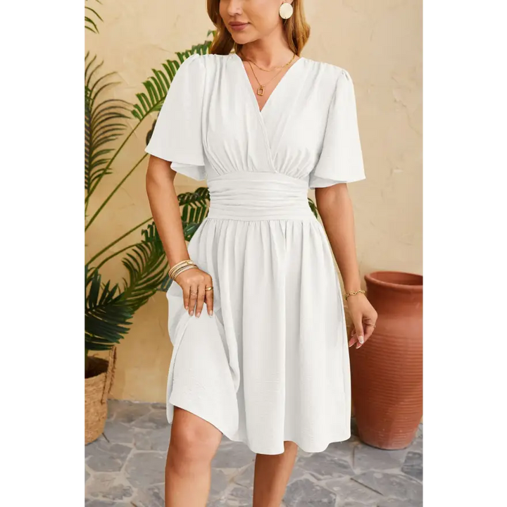 Trendsi Ruched Surplice Short Dress Slightly Stretchy Fabric Ideal Sleeve Length women’s dress