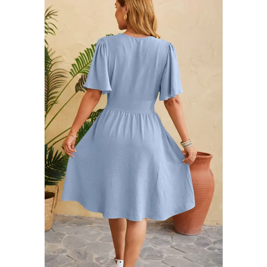 Trendsi Ruched Surplice Short Dress Slightly Stretchy Fabric Ideal Sleeve Length women’s dress