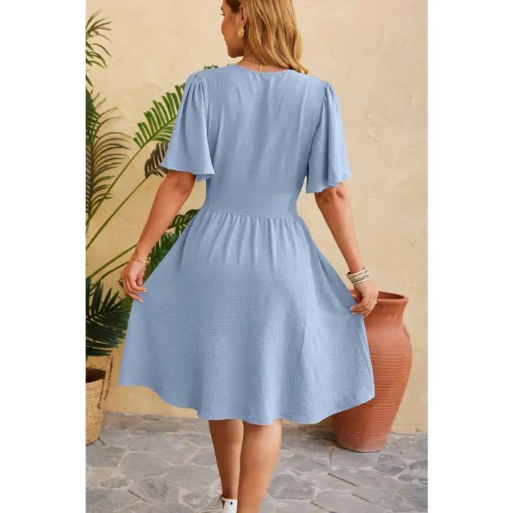 Trendsi Ruched Surplice Short Dress Slightly Stretchy Fabric Ideal Sleeve Length women’s dress