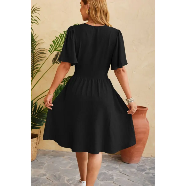 Trendsi Ruched Surplice Short Dress Slightly Stretchy Fabric Ideal Sleeve Length women’s dress