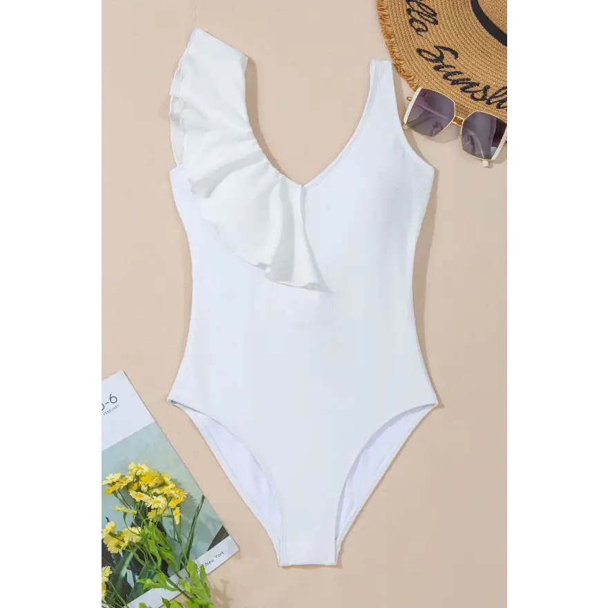 Ruffled v Neck Wide Strap one Piece Swimwear with Removable Padding - Women’s One-piece Swimsuits