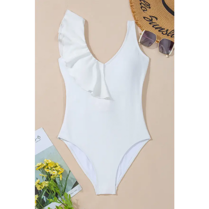 Ruffled v Neck Wide Strap one Piece Swimwear with Removable Padding - Women’s One-piece Swimsuits