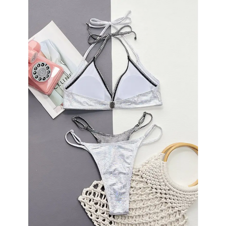 Sparkling Sequin Beach Two Piece Mid Waist Swimsuit - Women’s Swimwear