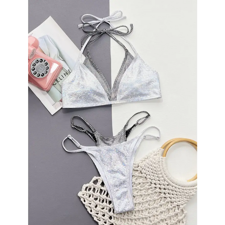 Sparkling Sequin Beach Two Piece Mid Waist Swimsuit - Women’s Swimwear