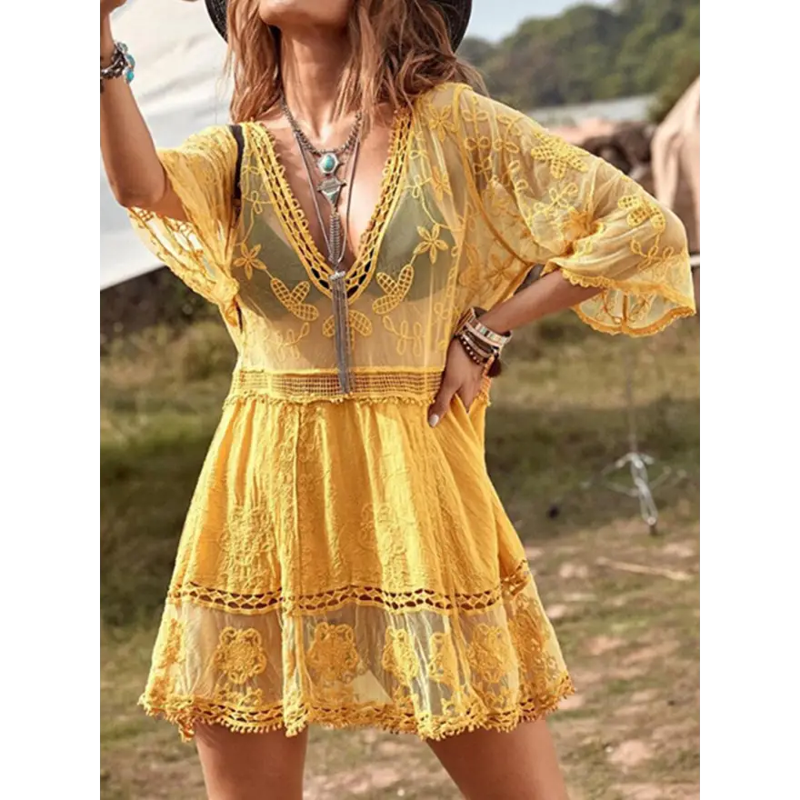 Stunning Plunge Lace Dress Radiates Effortless Style - Women’s Clothing