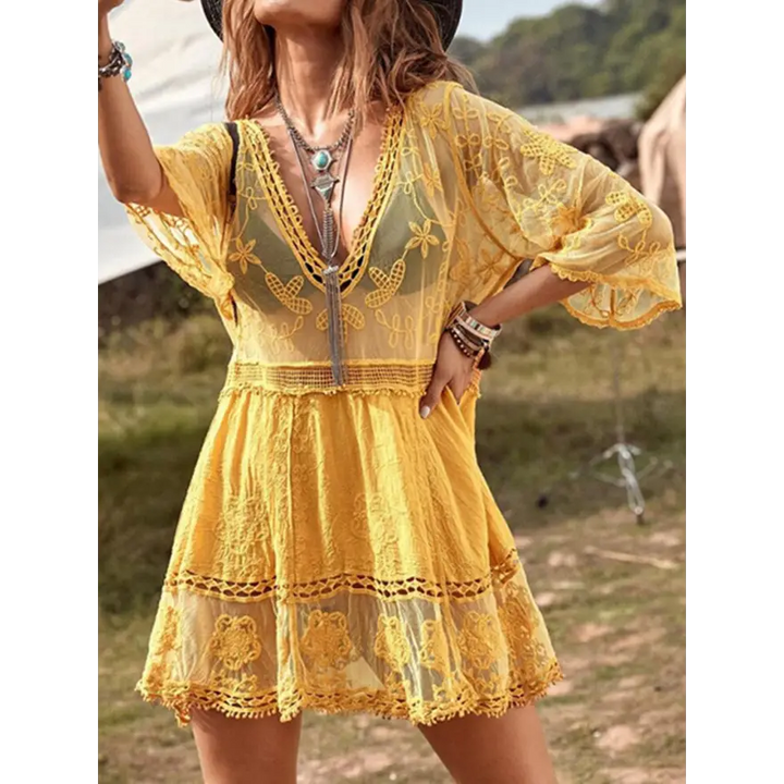 Stunning Plunge Lace Dress Radiates Effortless Style - Women’s Clothing