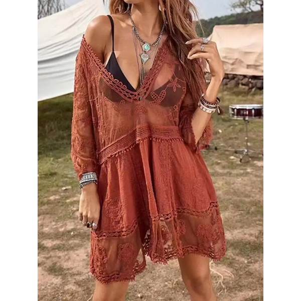 Stunning Plunge Lace Dress Radiates Effortless Style - Women’s Clothing
