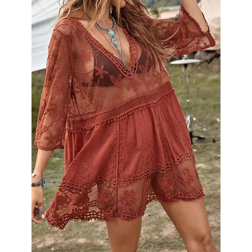 Stunning Plunge Lace Dress Radiates Effortless Style - Women’s Clothing