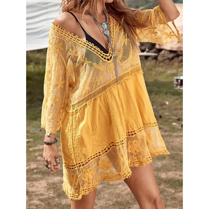 Stunning Plunge Lace Dress Radiates Effortless Style - Women’s Clothing