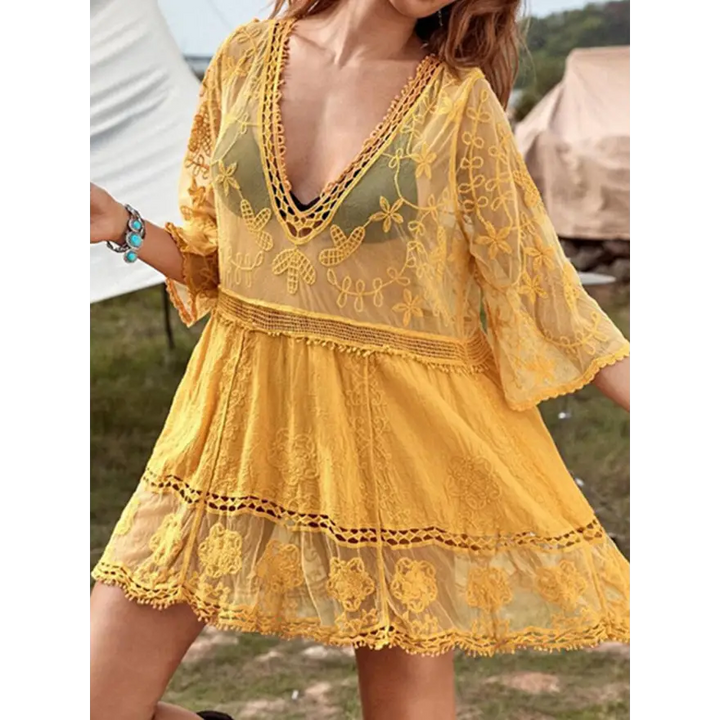 Stunning Plunge Lace Dress Radiates Effortless Style - Women’s Clothing