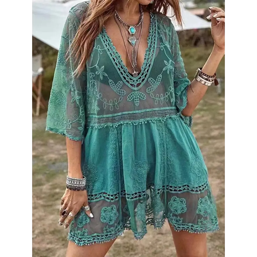 Stunning Plunge Lace Dress Radiates Effortless Style - Women’s Clothing