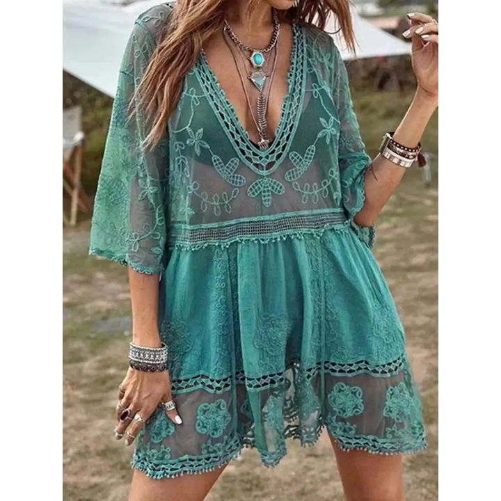 Stunning Plunge Lace Dress Radiates Effortless Style - Women’s Clothing