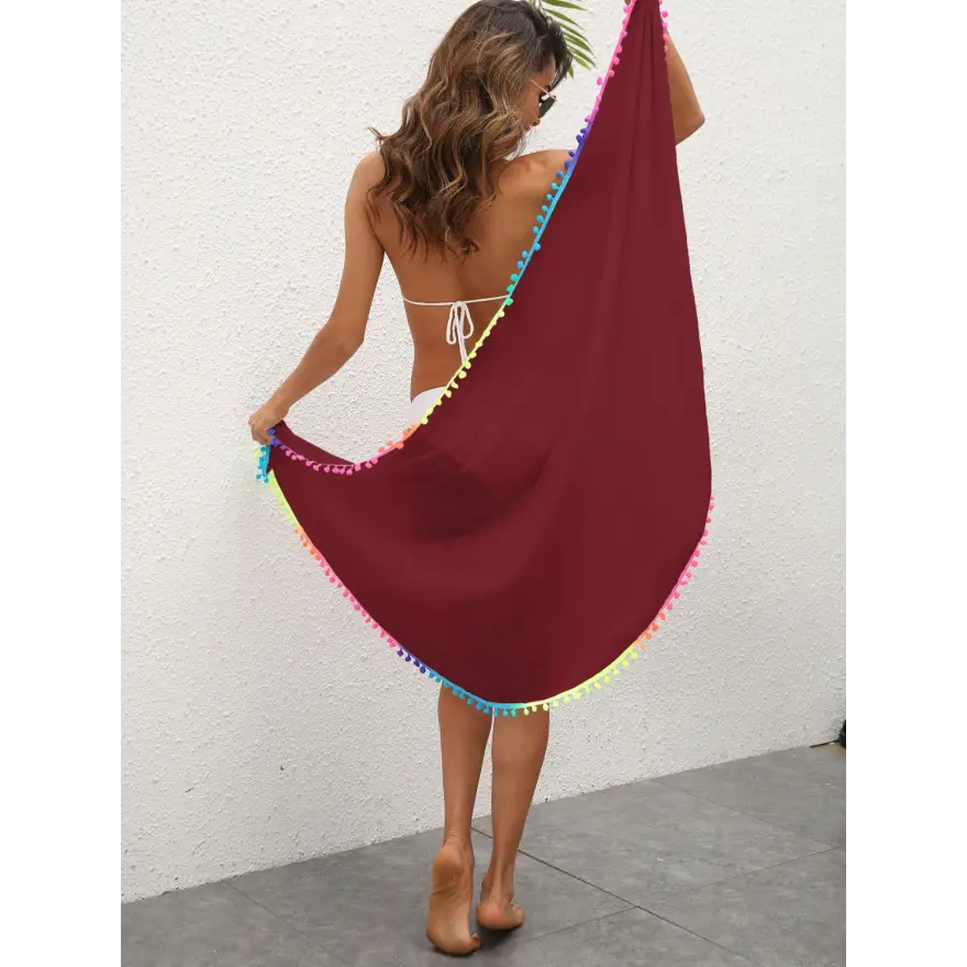 Sunlit Rainbow Pompom Trim Beach Cover Up - Women’s Swimwear