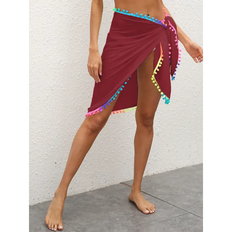 Sunlit Rainbow Pompom Trim Beach Cover Up - Women’s Swimwear