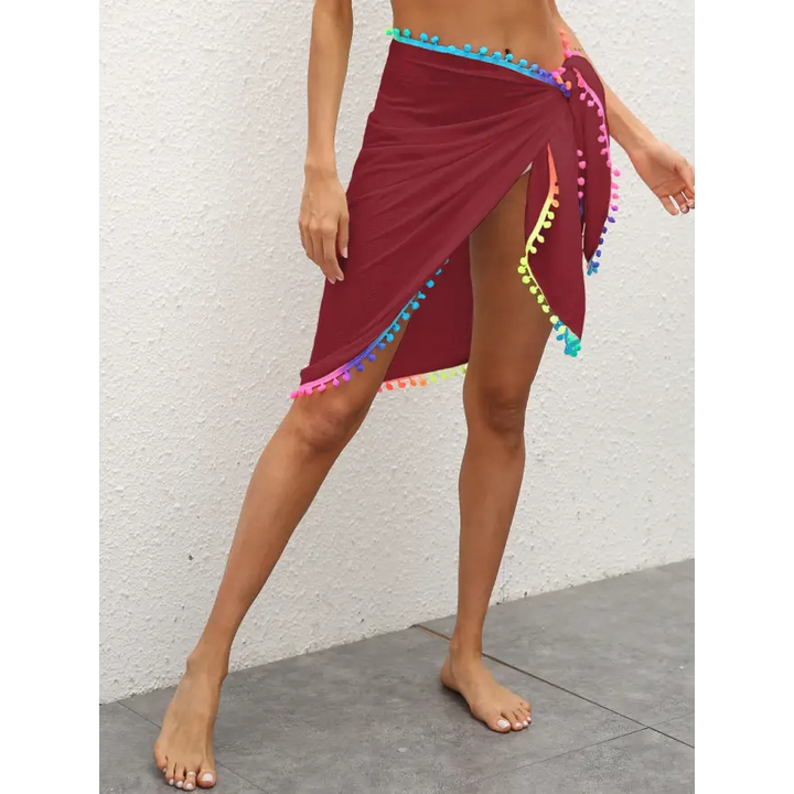 Sunlit Rainbow Pompom Trim Beach Cover Up - Women’s Swimwear