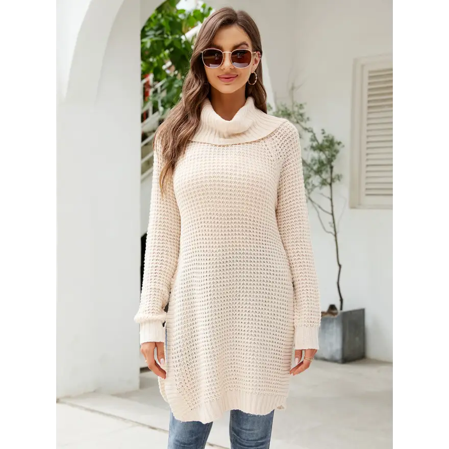 Stunning Turtleneck Slit Sweater Dress in Waffle Knit Chic Clothing Tops Trendsi