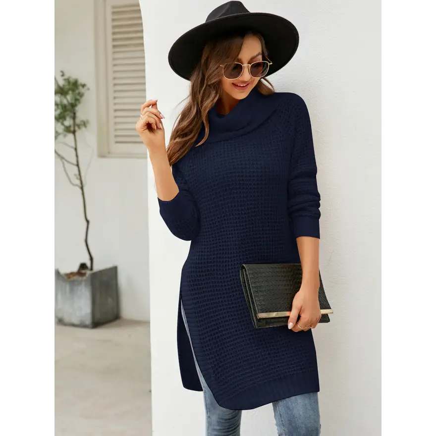 Stunning Turtleneck Slit Sweater Dress in Waffle Knit Chic Clothing Tops Trendsi
