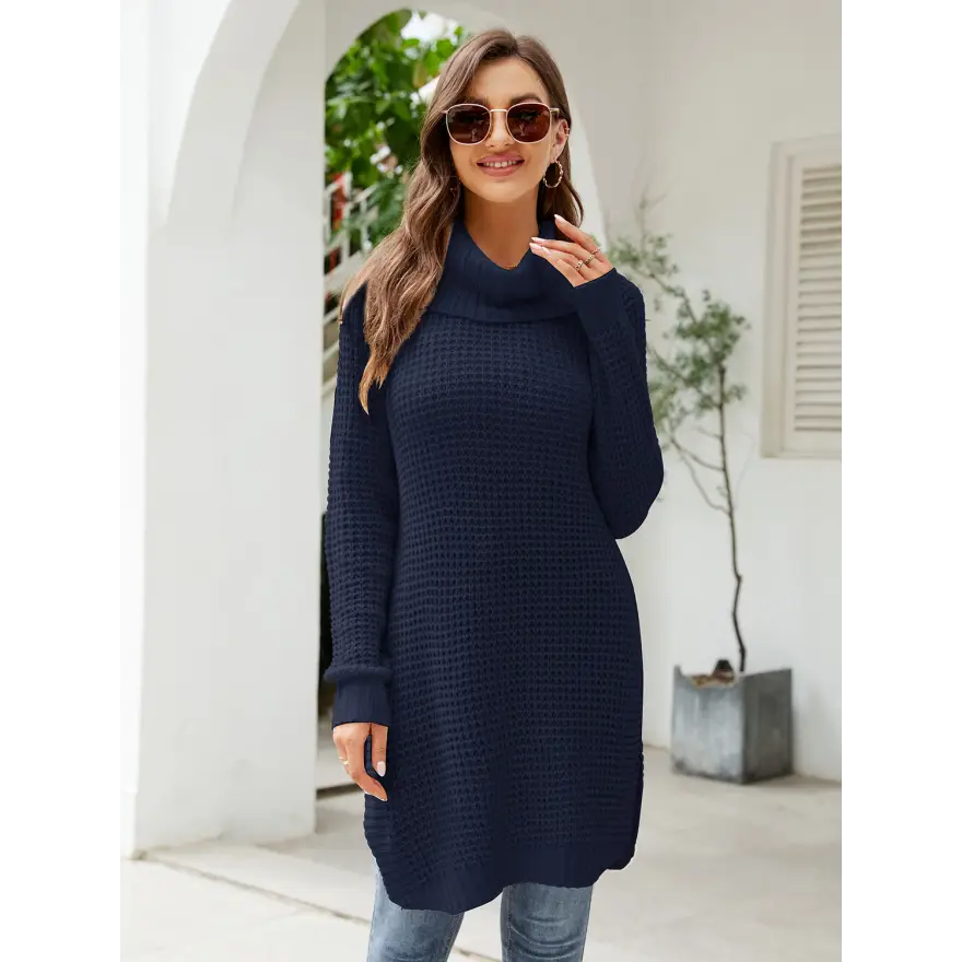 Stunning Turtleneck Slit Sweater Dress in Waffle Knit Chic Clothing Tops Trendsi