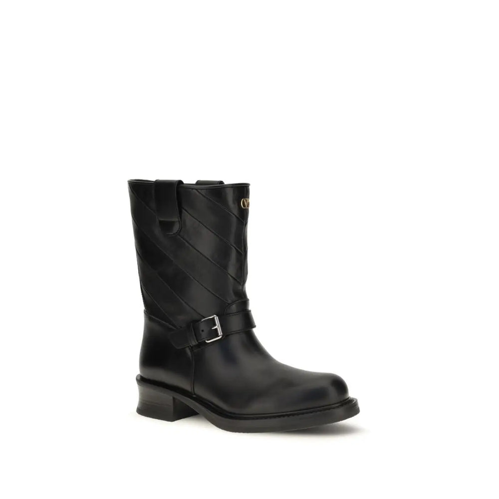 Valentino Garavani Black Calf Leather Bos Taurus Ankle Boots