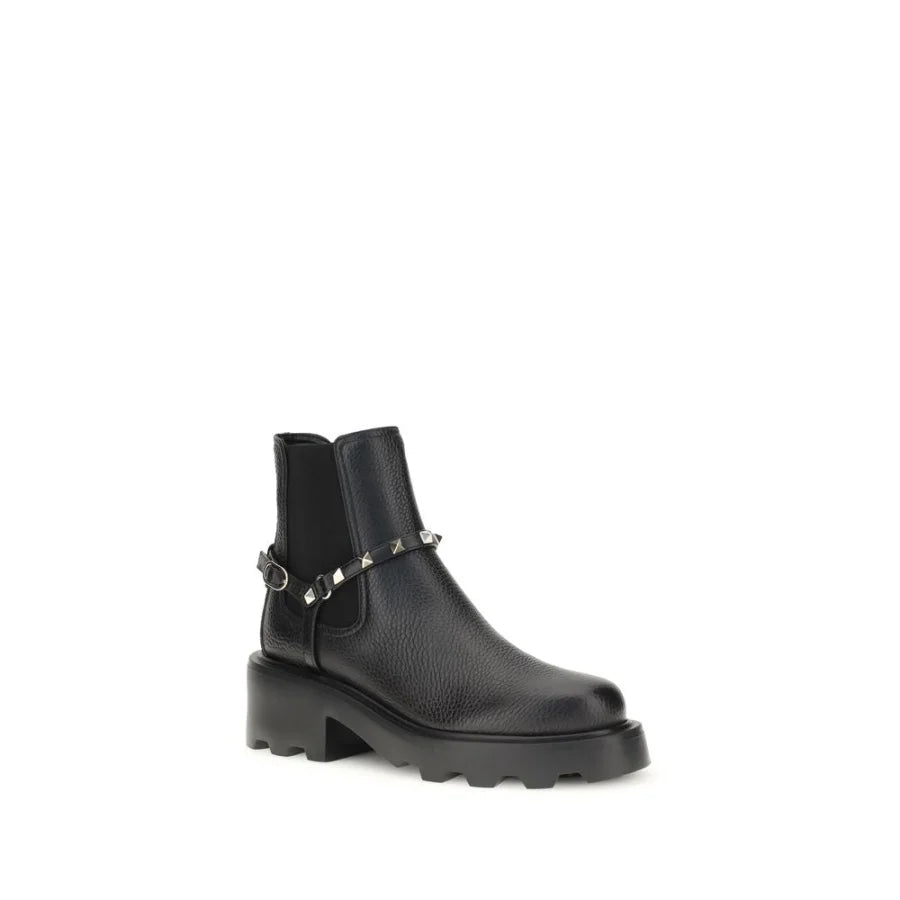 Valentino Garavani Black Calf Leather Bos Taurus Ankle Boots