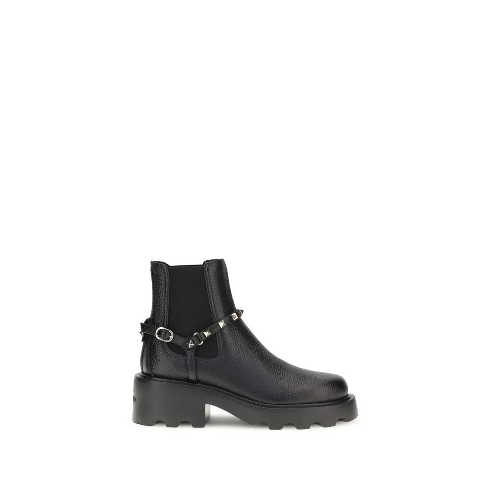 Valentino Garavani Black Calf Leather Bos Taurus Ankle Boots