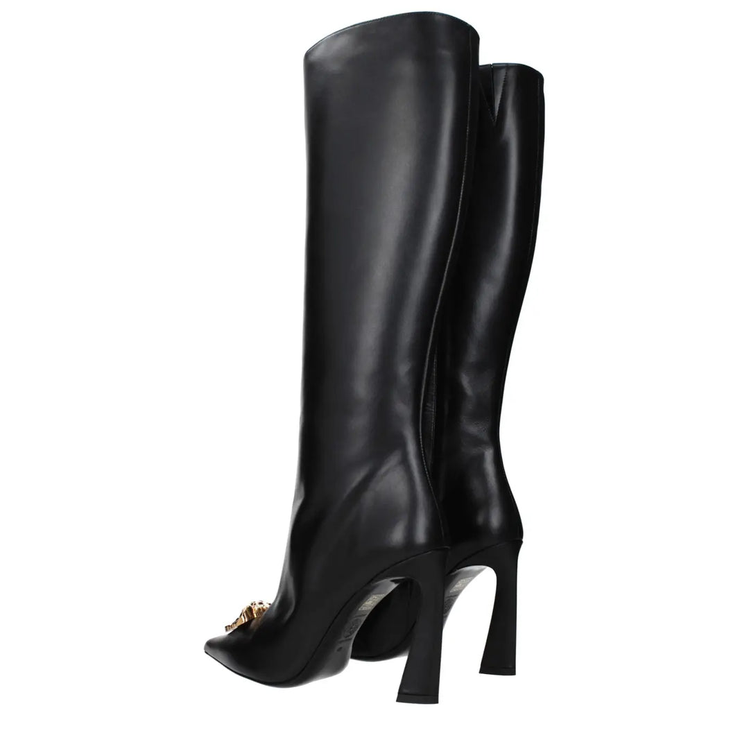 Versace Black Leather High Heel Boots