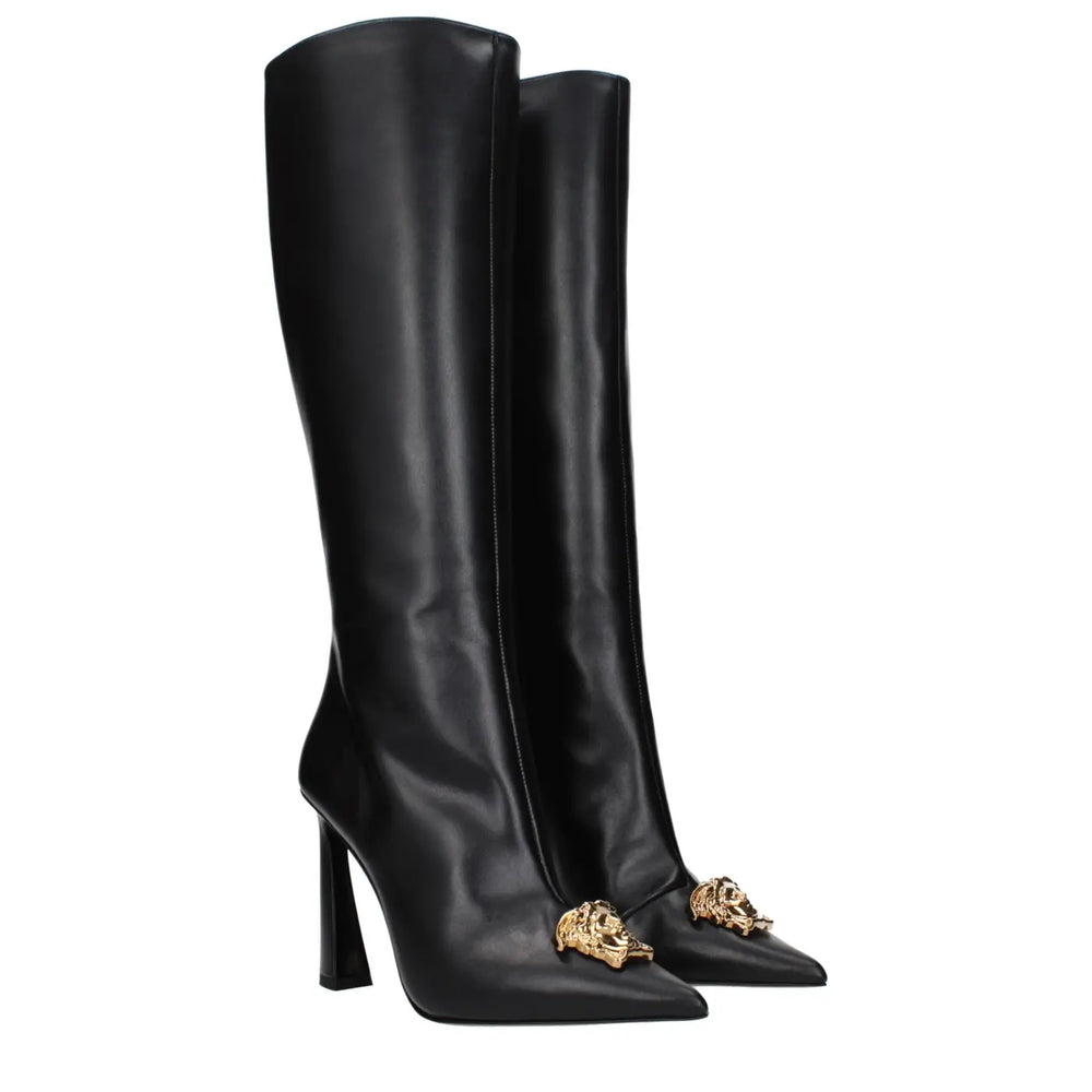 Versace Black Leather High Heel Boots
