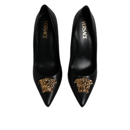 Versace Black Leather Logo Plaque High Heels Pumps Shoes