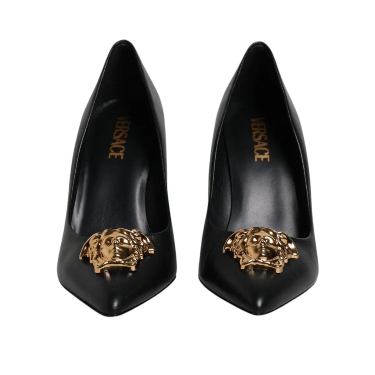 Versace Black Leather Logo Plaque High Heels Pumps Shoes