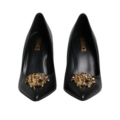 Versace Black Leather Logo Plaque High Heels Pumps Shoes