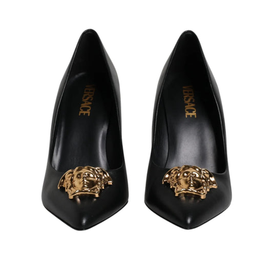 Versace Black Leather Logo Plaque High Heels Pumps Shoes