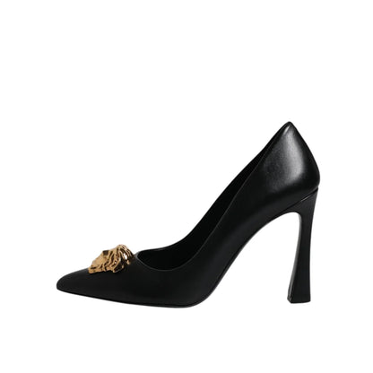 Versace Black Leather Logo Plaque High Heels Pumps Shoes