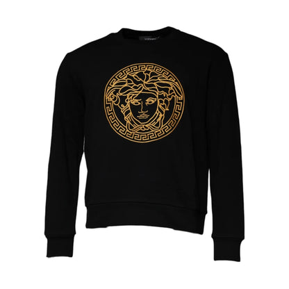 Versace Black Medusa Embroidered Cotton Pullover Sweater Crew Neck