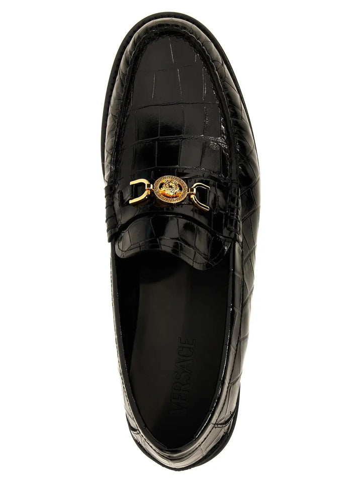 Versace Black Velvet Leather Slip-on Loafers