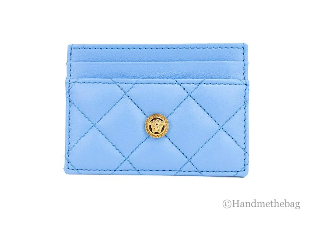 Versace Mini Medusa Dv Blue Quilted Smooth Nappa Leather Card Case Wallet